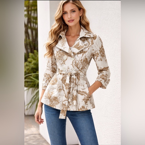 CAbi Jackets & Blazers - CAbi Floral Belted Trench Jacket Medium Cream Brown Double Breasted Trench Coat